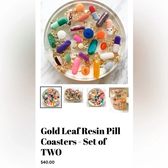 Gold Leaf Resin Pill Pharmaceutical Coasters Set 2-Coasters Dopamine Decor gift - Picture 2 of 8